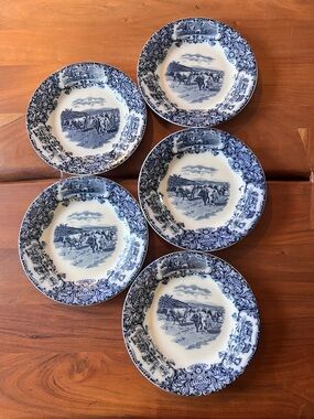Wedgwood Cows Cattle Dinner Plates Set of 5 Flow Blue 10” Porcelain 1890 Antique